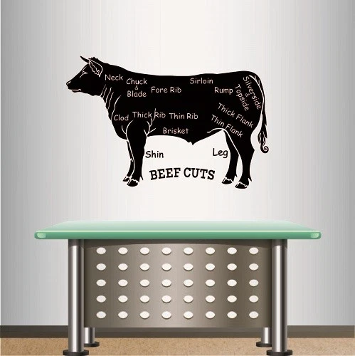 VINYL DECAL BEEF Cuts Butcher Shop Butchery Meat Cow Cattle Wall ...