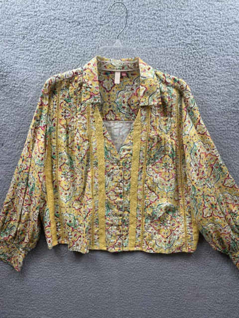 Anthropologie Pilcro Womens Large Boho Pintuck Peasant Blouse Top Spring Yellow