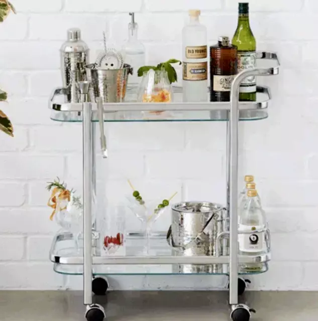 Silver Drinks Trolley Bar Cart 2 Tier Mirror Shelves Bottle Rack Art Deco Chrome