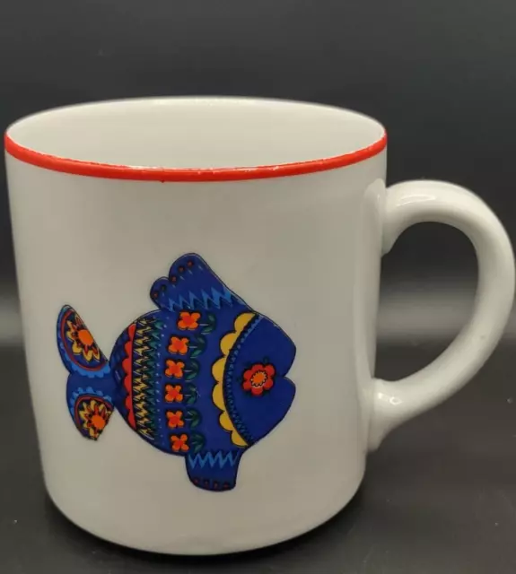 Vtg Bareuther Waldsassen Bavaria Germany Blue Fish folk art tea coffee mug