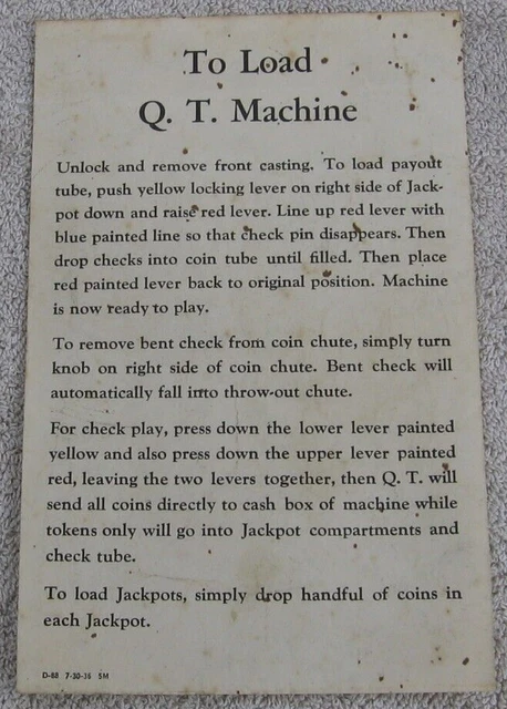 Original 1936 How "To Load Q.T." Slot Machine Instructions Sheet~ja