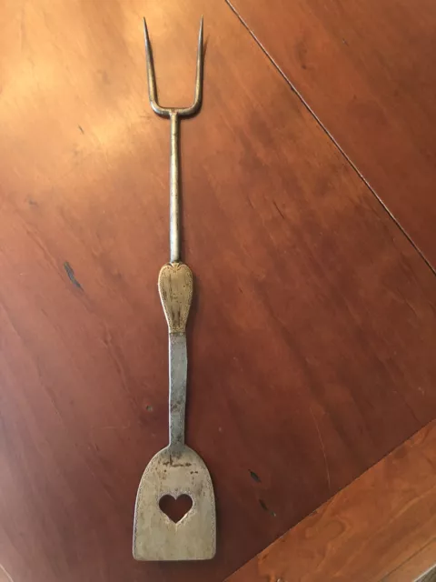Early Wrought Decorated PA Brass/Iron Fork/Spatula With Heart -RARE