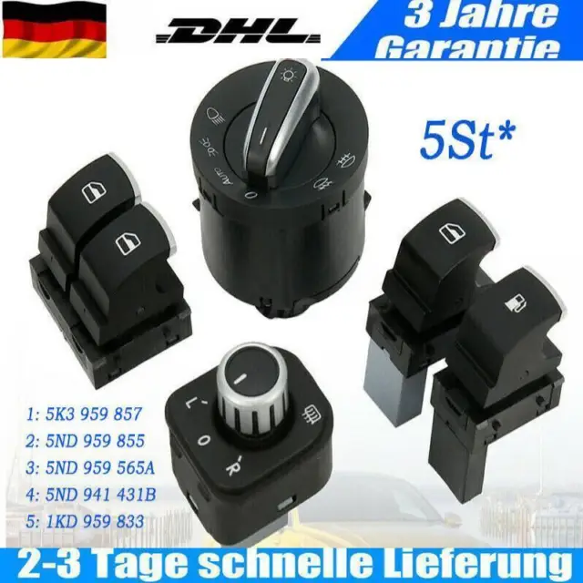 5ND941431B für VW Golf V Fensterheberschalter Seitenspiegel Licht Schalter Set