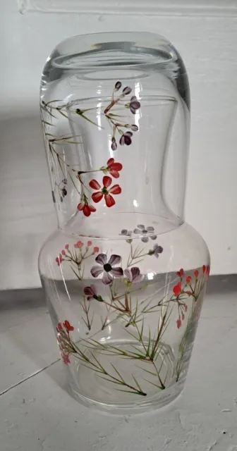 Vintage Hand Painted In Wales Glass Bedside Water Carafe & Tumbler Flowers