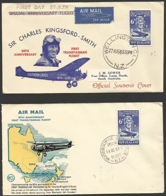 2 Different 1958 NZ 30th Anniv Kingsford Smith Covers – FDC & Flight