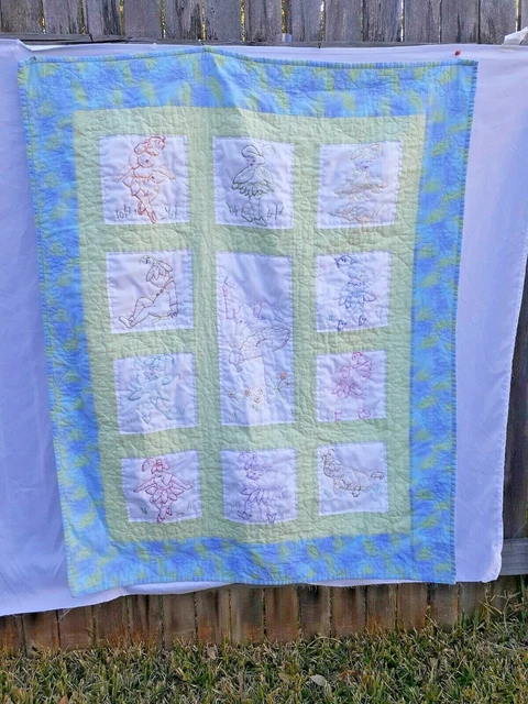Baby Quilt Littles Elves Faries Little Peoples Handmade Cross stitch Green 39x48