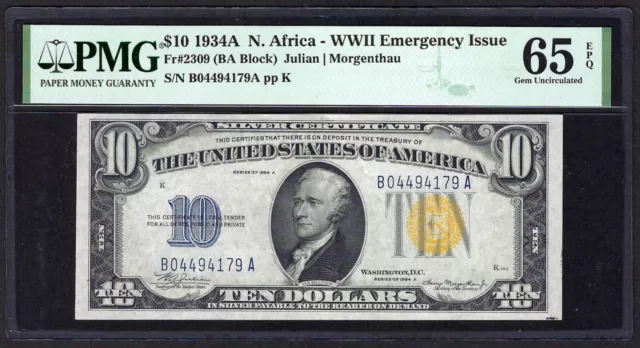 🇺🇸  1934A $10  ♚♚North Africa♚♚  Pmg Gem Unc 65 Epq