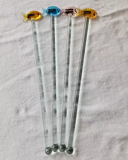 Vintage Set 4 Hand Blown Glass Assorted Fishes Cocktail Stirrers Swizzle Sticks