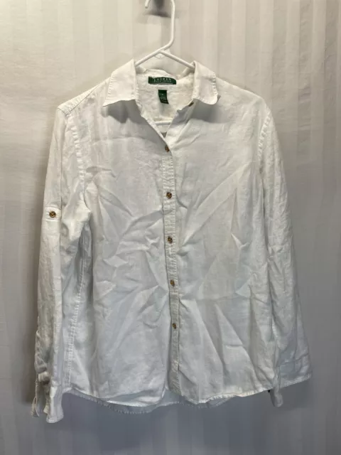 Lauren Ralph Lauren Button Up Womens Med White Roll tab long sleeve 100%  Linen