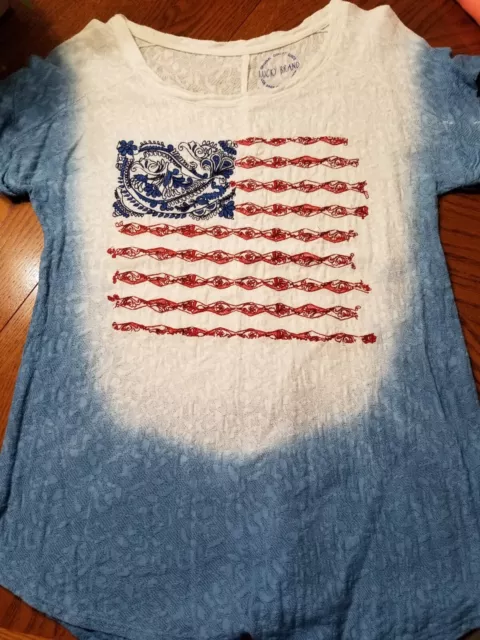 Lucky Floral & Swirl Flag Top/Sz M Red/White/Blue Never Worn