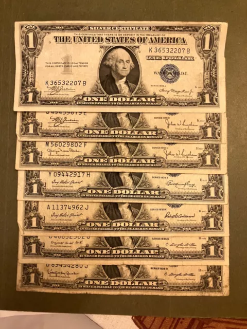 1935 A and 1935 C through H One Dollar Silver Certificates