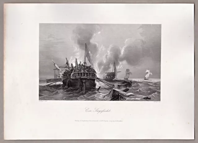 Waffen, Seekrieg - Ein Seegefecht - Stich, Stahlstich von Payne um 1845