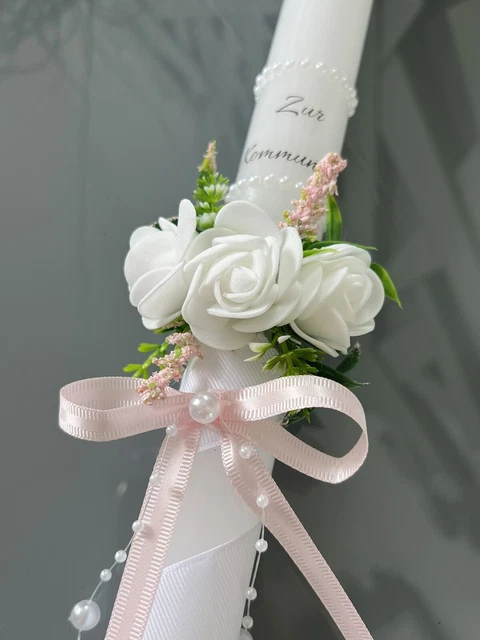 Taufkerze Kommunionkerze Konfirmation für Mädchen Blumen Handdekoriert Weiß/Rosa