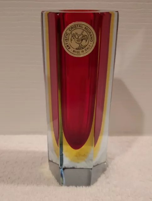 Vintage Bucella Cristalli Murano Sommerso Red To Yellow To Clear Glass Vase