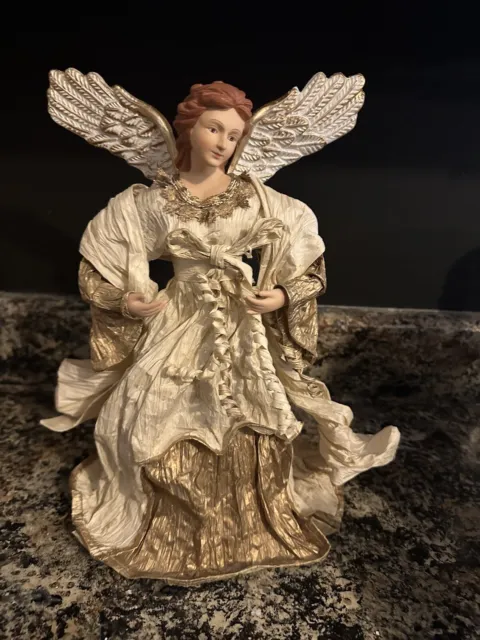 Paper Mache Angel Christmas Tree Topper 12" Cream Gold Antiqued Vintage Holiday