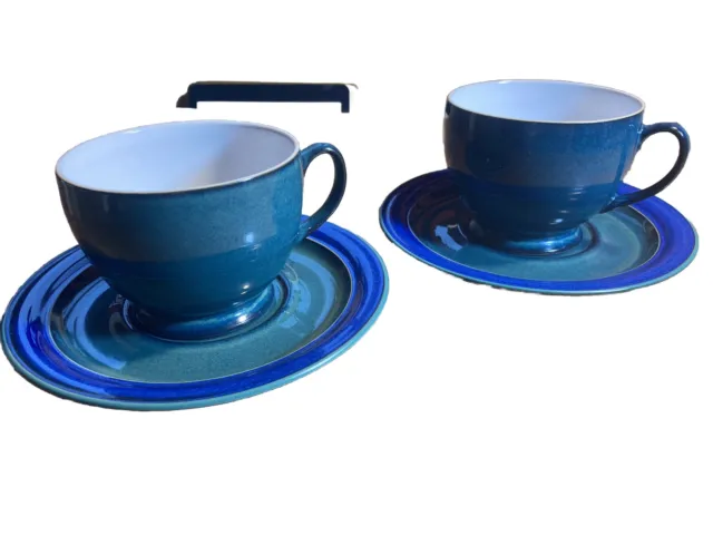 DENBY Large Tea Cups/saucers(x2). Green. Blue Edge. White Inner. Vintage. In VGC