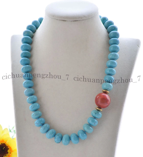 Natural Blue Turquoise Rondelle Gems Beads 14mm Round Red Coral Necklace 14-36''