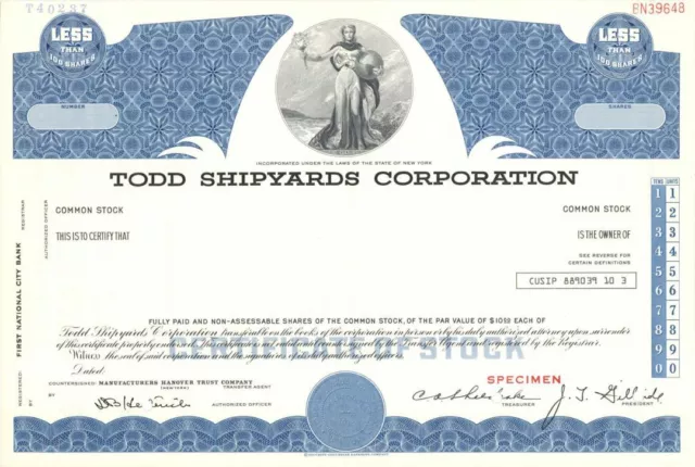 Todd Shipyards Corp. - Specimen Stock Certificate - ONLY AVAILABLE IN GREEN - Sp