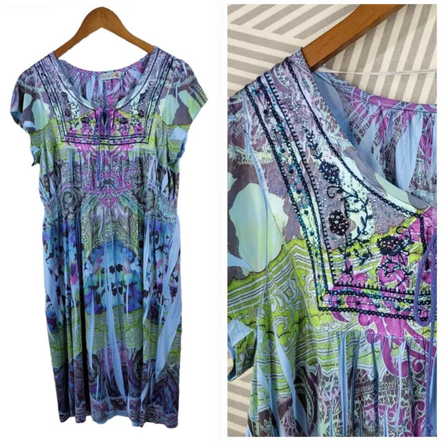 Unity Dress size Large Boho Swim Cover-Up Beaded Studded Blue Embroidered Floral