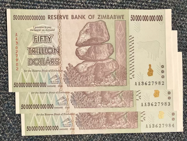 Lot 3 X Zimbabwe Banknotes. 50 Trillion Dollars. AA Prefix. Unc