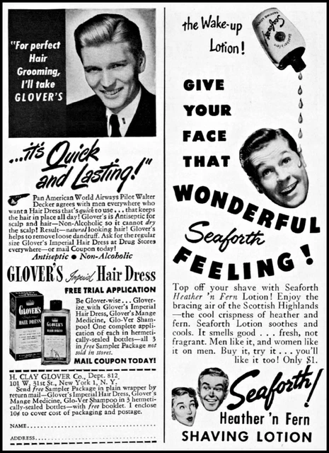 1951 Glover's hair tonic Seaforth shaving lotion vintage art print Ad adL56