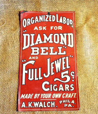 Rare antique Diamond Bell/Full Jewel tin litho advertising sign; 1920s; 8"x14"