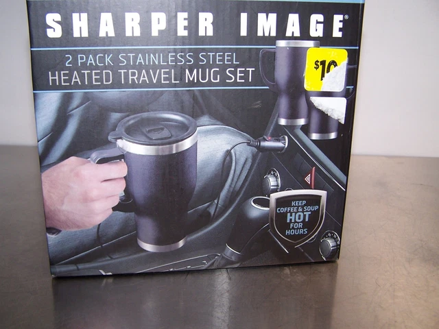 sharper image 2 pack stainless steel heated travel muge new in box