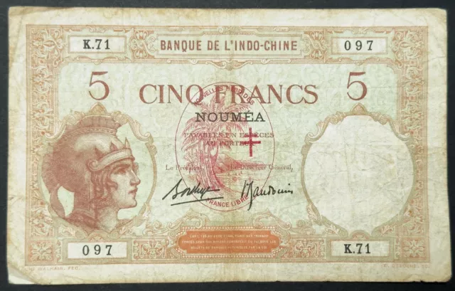 New Hebrides Bank Indochina 5 Francs (ND) 1941 - Overprint On Noumea P.4b