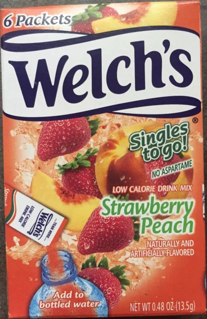 5 Boxes (30 Packets) Of WELCH'S STRAWBERRY PEACH SINGLES TO GO DRINK MIX Welchs