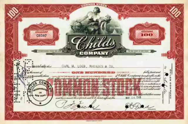 Childs Company 1949 New York Hotel Restaurant Samuel Child Sonesta 100 Shares