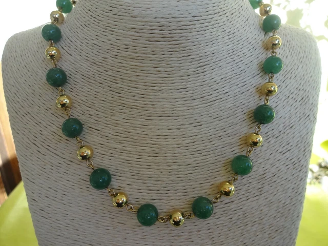 Collier Vintage Tour De Cou En Jade Vert Perles Rondes 12 Mm +Perles Dorees
