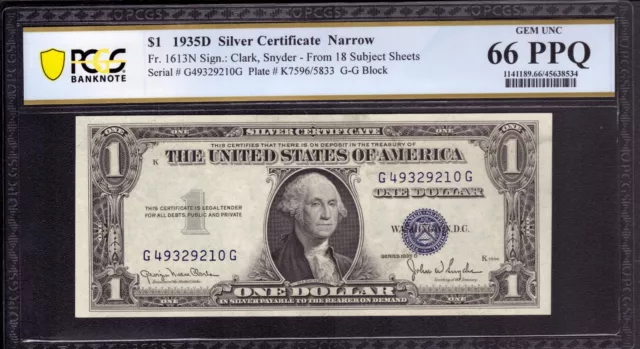 1935 D $1 Silver Certificate Subject 18 Fr 1613N Gg Block Pcgs B Gem 66 Ppq