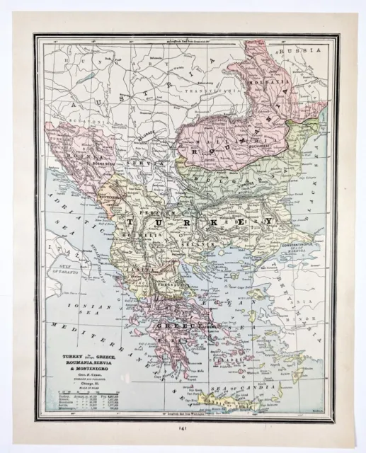 1889 Greece Turkey Map ORIGINAL Serbia Montenegro Romania Crete Bulgaria