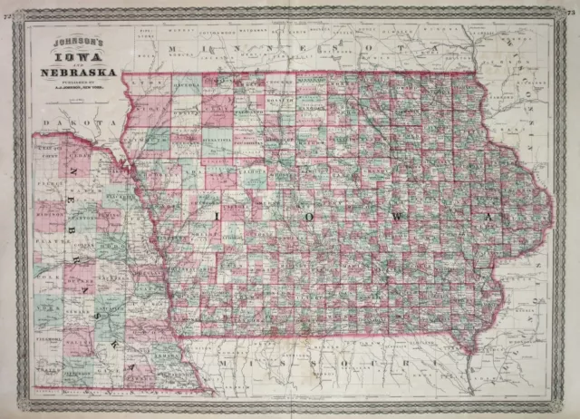 1864 Iowa Nebraska Johnson vintage map Karte civil war antique engraving