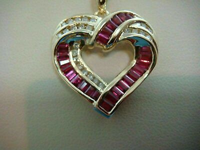 2Ct Baguette Cut Ruby & Diamonds Heart Pendant 14K Yellow Gold Finish With Chain