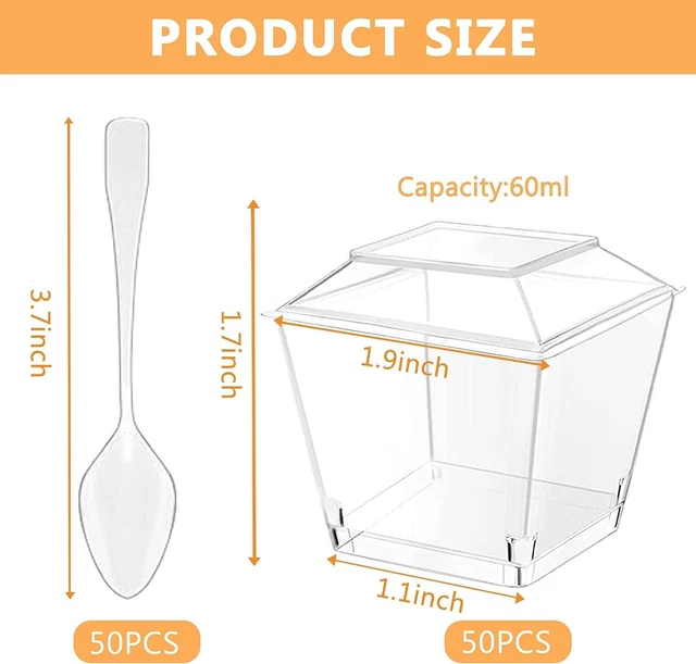50-Pack 2oz Clear Plastic Dessert Cups With Spoons - Square, Reusable
