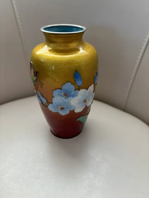 Vintage Japanese vase, 6” Yellow , Enamel Beautiful Blue inside Vase
