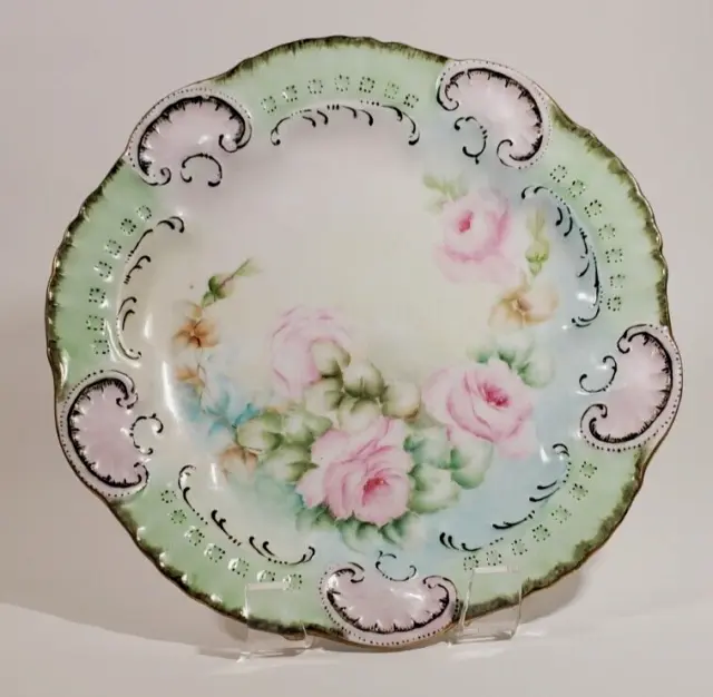 Antique Porcelain Hand Painted Shell Oyster Plate Pink Roses Mint Gilt Signed