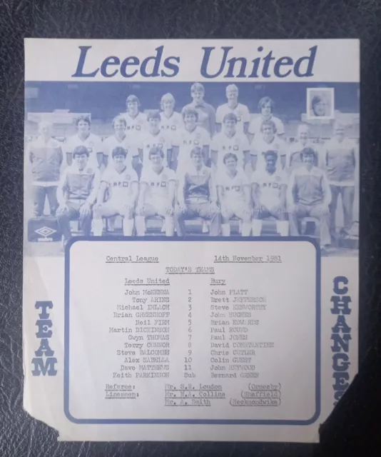 Teamsheet Leeds United V Bury Reserves Central League 1981 / 1982 Greenhoff