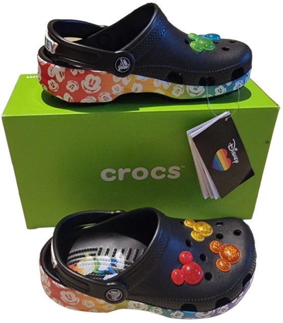 CROCS Sz J2 Classic Disney Mickey Mouse Rainbow Pride Celebration Clog New W Box