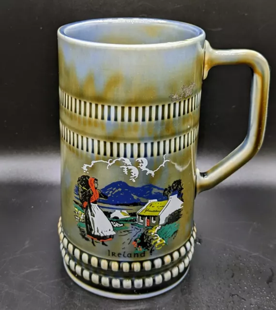 Irish Porcelain Tall Stein Mug IRELAND Cottage Green Blue 6.25" Ta Shamrock Wade