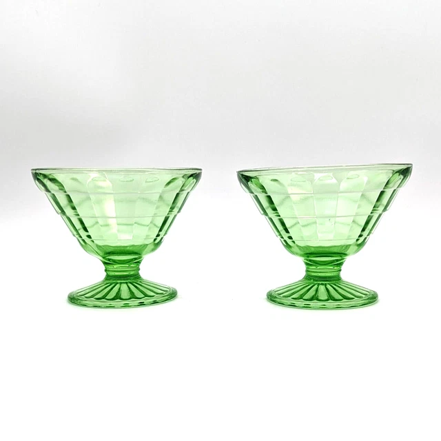 Anchor Hocking Uranium Glass Sorbet Cups Green Depression Block Optic Cone Shape