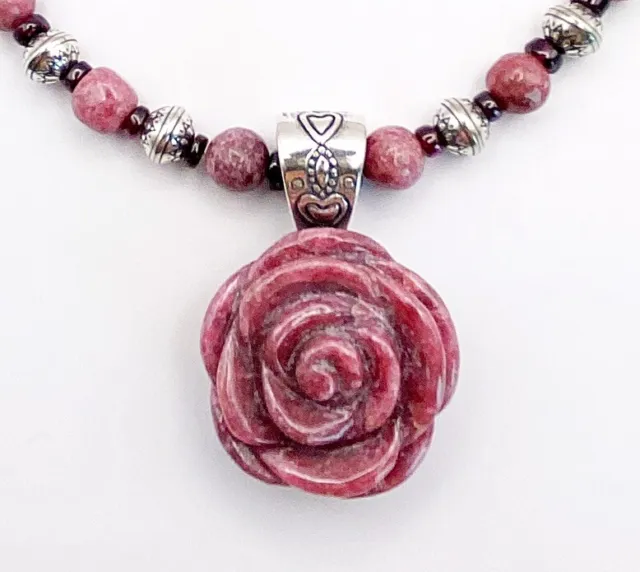 Carolyn Pollack Rhodonite Carved Rose Pendant Bead Necklace Sterling Silver 925