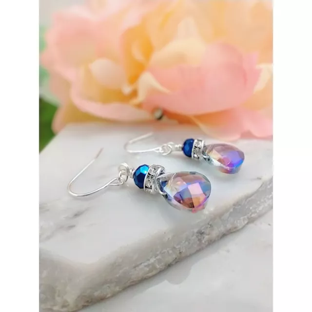 Faceted Metallic Blue Crystal Teardrop Silver Dangle Earrings, Ladies Handmade 2