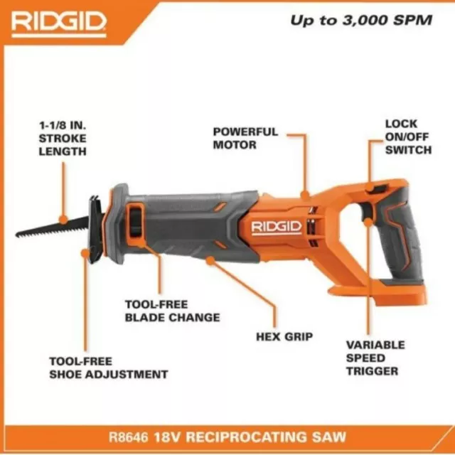 RIDGID R8646 18 VOLT Cordless Reciprocating Saw Tool Only Blade