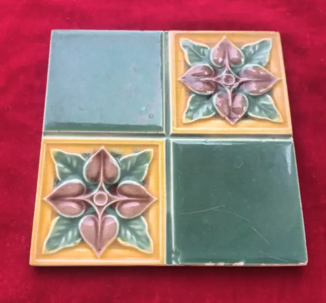 1 Piece Old Art Flower Design Embossed Majolica Ceramic Tiles England 0378 2