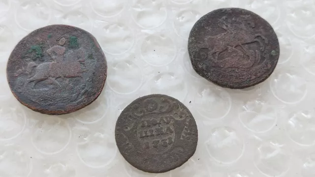 Set 3 Antique Coins, Russian Empire Polushka 1731 Years, 1 Kopecks 1739