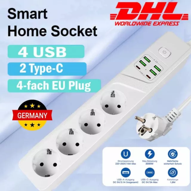 4-Fach Steckdosenleiste Steckerleiste Mehrfachsteckdose Strom 4 USB + 2 TYPE-C