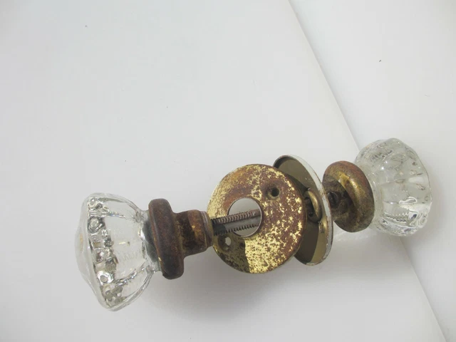 Vintage Glass Door Knobs Handles Gold Iron Plates Antique Old Deco