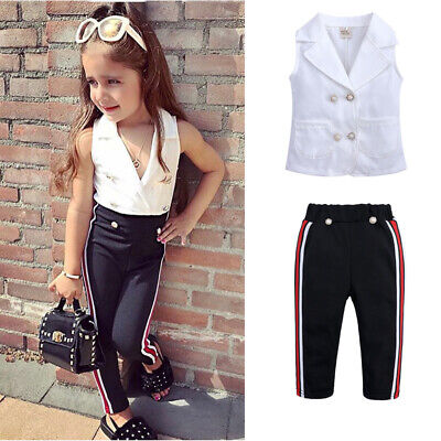 Toddler Kids Baby Girls Clothes Button Sleeveless Tops Pants Summer Outfits Set